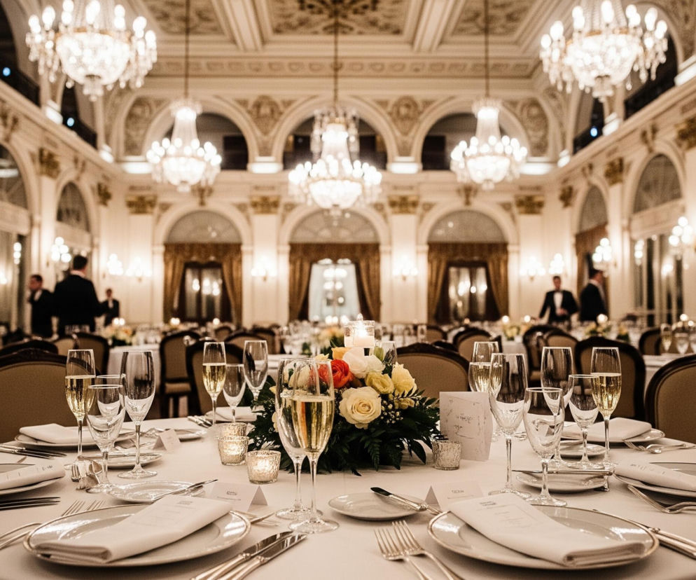 Na pierwszym planie widoczny jest okrągły stół nakryty białym obrusem. Na stole ułożone są białe talerze ze złożonymi serwetkami, sztućce oraz kieliszki do wina i szampana, z których część jest wypełniona bursztynowym płynem. Centralnie na stole znajduje się kompozycja kwiatowa z białych, żółtych i pomarańczowych róż, uzupełniona zielonymi liśćmi, oraz świeczniki z palącymi się świecami, tworzącymi ciepłe, rozproszone światło.

W tle rozpościera się przestronna, elegancka sala z wysokim sufitem i licznymi, bogato zdobionymi żyrandolami, rzucającymi ciepłe światło na wnętrze. Ściany sali są utrzymane w jasnych barwach, z widocznymi złotymi akcentami i ozdobnymi łukami, a wzdłuż ścian rozmieszczone są kolejne stoły z krzesłami, przy których siedzą lub stoją ludzie w eleganckich strojach.