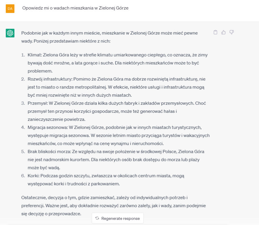 ChatGPT opowiedział o wadach i zaletach Zielonej Góry