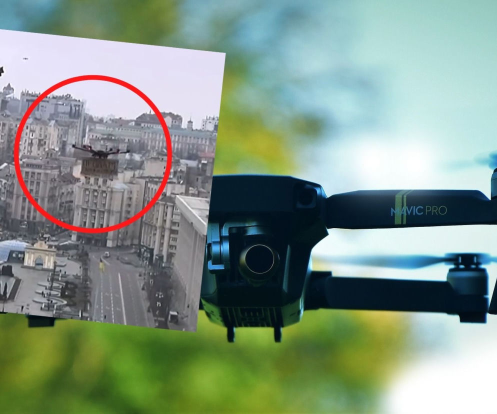 Kijów - dron z ogłoszeniem w obiektywie kamery