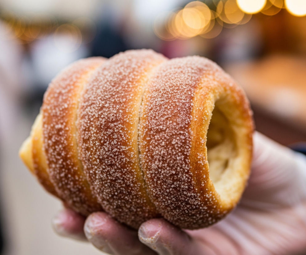 Ręka w jasnej, przezroczystej rękawiczce trzyma podłużne, cylindryczne ciasto o złotobrązowej barwie. Ciasto, o karbowanej powierzchni, jest obficie posypane kryształkami cukru, które błyszczą w świetle. Jego wnętrze jest puste i widoczne z prawej strony. Tło jest rozmyte, z jasnymi, okrągłymi plamami światła, sugerującymi jarmarczną lub świąteczną atmosferę.