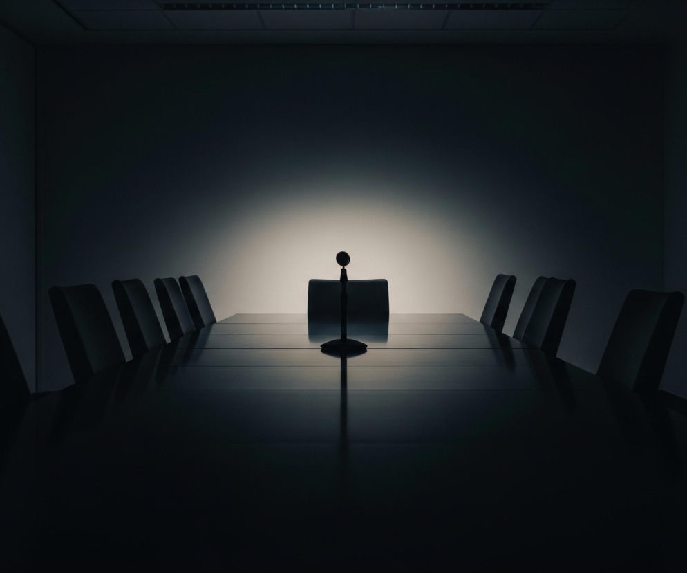 Długa sala konferencyjna jest oświetlona punktowym światłem padającym na ścianę w tle, tworząc białą poświatę za centralnym krzesłem. Na długim, czarnym, lśniącym stole stoi czarny mikrofon na statywie, rzucający wyraźny cień na blat. Po obu stronach stołu ustawiono ciemne krzesła, których oparcia lekko odbijają się w powierzchni stołu. Po lewej stronie widać fragmenty białych, pionowych paneli, natomiast po prawej stronie na ścianie znajduje się ciemna, prostokątna wnęka, wyglądająca jak drzwi.