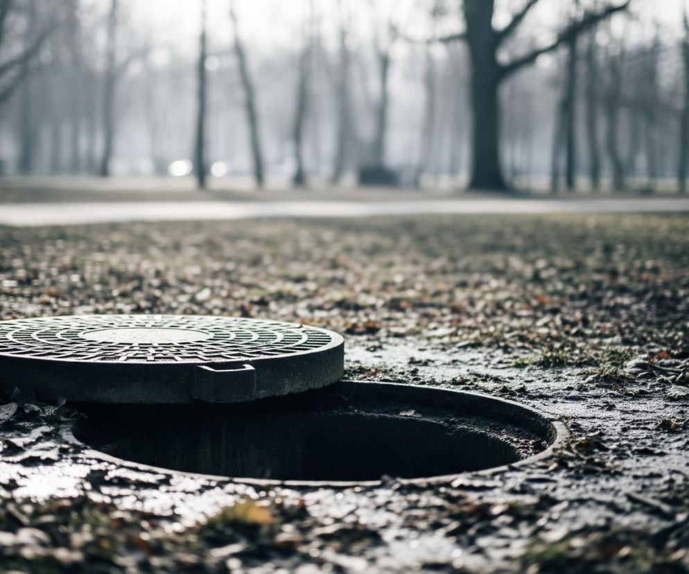 Okrągła, żeliwna pokrywa studzienki kanalizacyjnej, ozdobiona wzorem kratek i spiralnych linii, jest uchylona, ukazując ciemny otwór poniżej. Studzienka znajduje się w trawiastym terenie, pokrytym warstwą suchych liści i drobnych gałązek, z widocznymi, drobnymi kroplami rosy lub szronu na powierzchni. W tle rozciąga się park, gdzie widać nagie drzewa o ciemnych pniach i rozłożystych konarach, otoczone mgłą, która rozmywa dalsze plany w jasnoszarym odcieniu. Pomiędzy drzewami prześwituje jasna ścieżka.