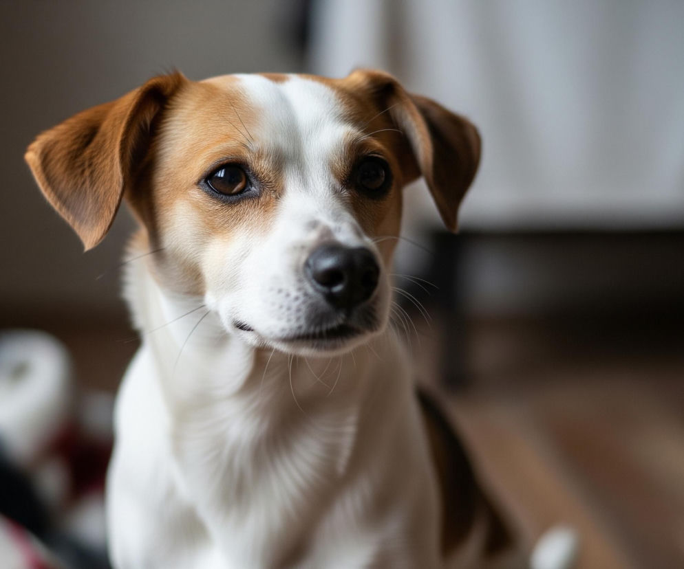 Młody pies z biało-brązowym umaszczeniem, prawdopodobnie rasy Jack Russell Terrier, patrzy prosto w obiektyw. Jego uszy są brązowe, a pysk biały z brązowymi plamami wokół oczu i nosa. Lewa część tła jest ciemnobrązowa, podczas gdy prawa strona ukazuje rozmyte, jasne odcienie, z niewyraźnym wzorem w kratę widocznym w dolnym lewym rogu.
