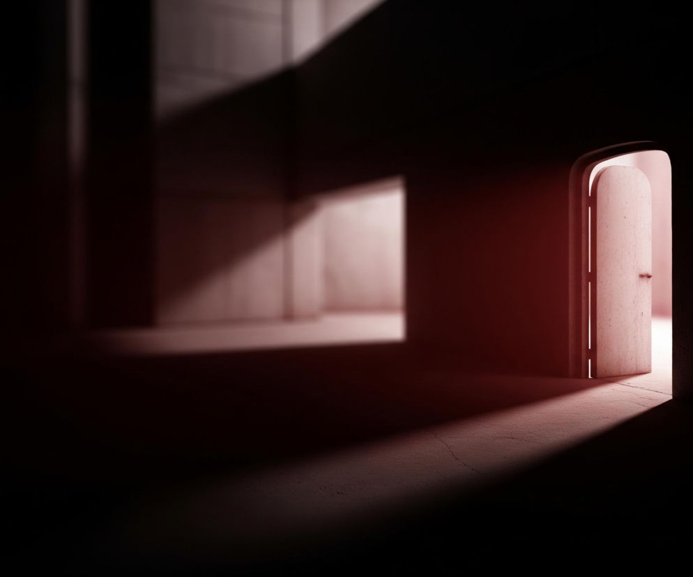 W ciemnym pomieszczeniu, po prawej stronie, uchylone są drzwi, zza których wydobywa się intensywne, różowo-czerwone światło. Światło to rzuca długi, trapezoidalny cień na podłogę, rozjaśniając jej fragmenty oraz część ściany po lewej stronie, gdzie widoczne są również jasne prostokątne obszary. Reszta kadru, w tym większa część podłogi i lewa ściana, jest pogrążona w głębokim cieniu, niemal czarnym. Na rozjaśnionej podłodze widoczne są delikatne pęknięcia.