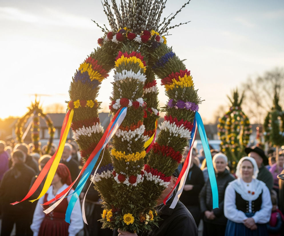 Centralnie na obrazie znajduje się duża, ozdobna palma wielkanocna w kształcie trzech połączonych ze sobą okręgów, wykonana z zielonych gałązek i udekorowana barwnymi kwiatami w odcieniach czerwieni, bieli, żółci, niebieskiego i fioletu. W górnej części palmy wystają liczne gałązki bazi, a z jej boków zwisają kolorowe wstążki w odcieniach czerwieni, żółci, błękitu i bieli. Palmę trzyma osoba widoczna tylko częściowo u dołu kadru. W tle widać tłum ludzi, z których niektórzy ubrani są w tradycyjne stroje ludowe, oraz rozmyte budynki i drzewa, wszystko skąpane w ciepłym, zachodzącym słońcu.