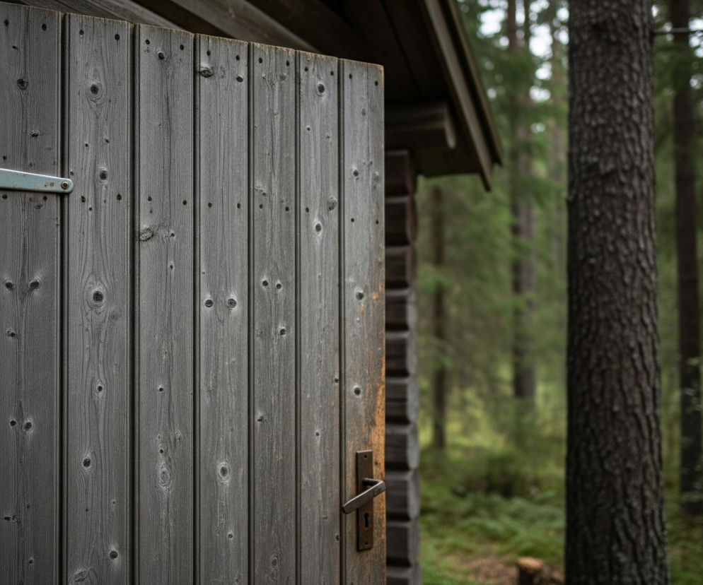 Duże, częściowo otwarte drewniane drzwi w kolorze szarym zajmują lewą stronę kadru. Widoczne są na nich liczne sęki i pionowe deski, a także zardzewiały, jasnozielony, metalowy zawias oraz ciemna, metalowa klamka z zamkiem. Za drzwiami i częścią drewnianej konstrukcji widoczny jest rozmyty, ciemny las z zielonymi liśćmi i ciemnymi pniami drzew, z których jeden, o wyraźnej, popękanej korze, znajduje się bliżej prawej krawędzi.