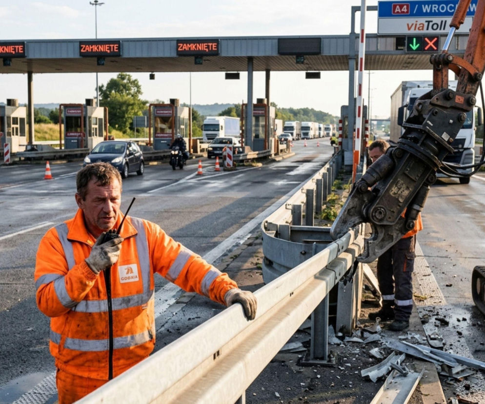 Pracownicy w pomarańczowych strojach demontują bramki poboru opłat na autostradzie A4 przy użyciu ciężkiego sprzętu. W tle widać zamknięte punkty poboru oraz stojące ciężarówki, co obrazuje proces likwidacji dawnego systemu opłat. Więcej o demontażu bramek i kosztach prac na Super Biznes.