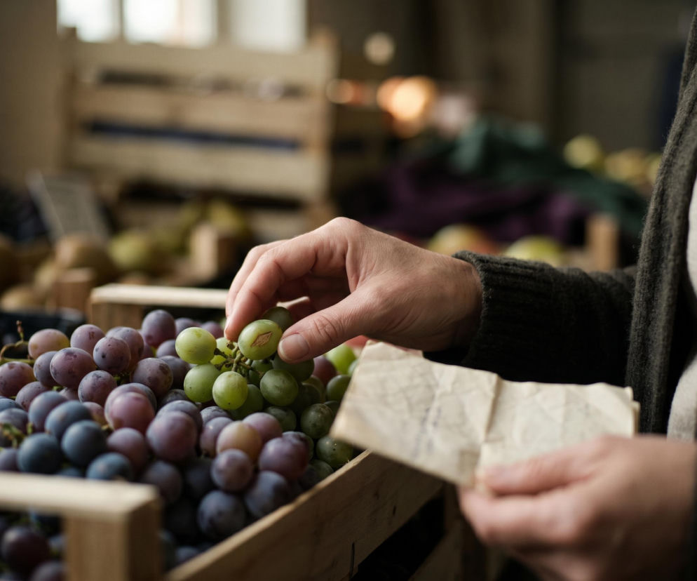 Dłoń osoby w ciemnym swetrze zrywająca winogrono z kiści, na tle skrzynek z owocami. Scena symbolizuje troskę o plony rolników, dotkniętych zmową cenową. Więcej o decyzji UOKiK na Super Biznes.