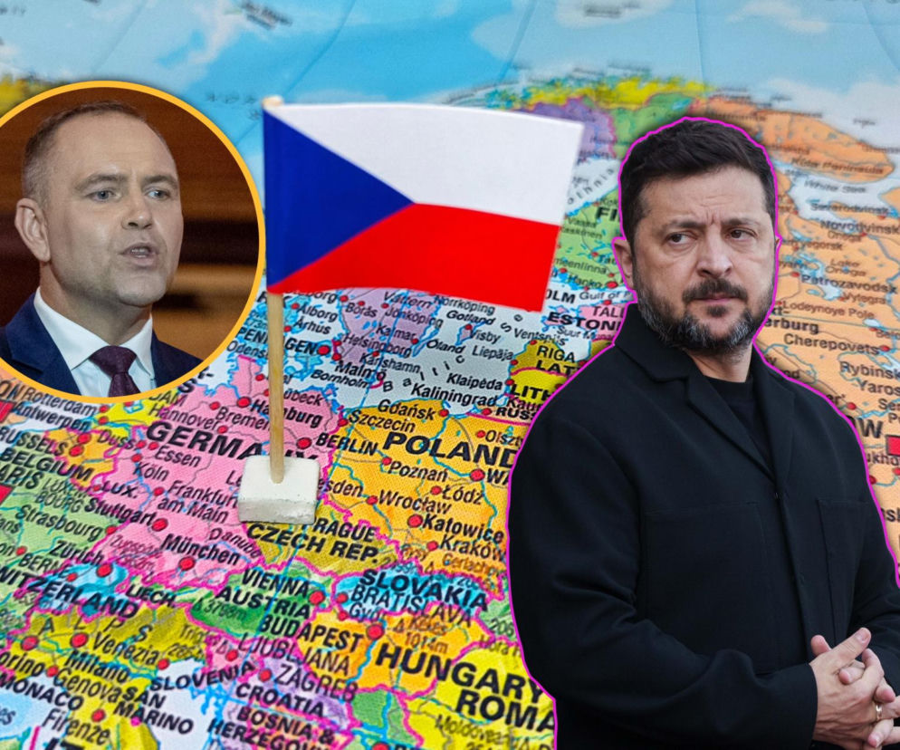 Wołodymyr Zełenski i polityk na tle mapy Europy z flagą Czech, symbolizujący międzynarodowy spór o odznaczenia. Na naszym portalu znajdziesz szczegóły dotyczące decyzji o odebraniu Orderu Białego Lwa.
