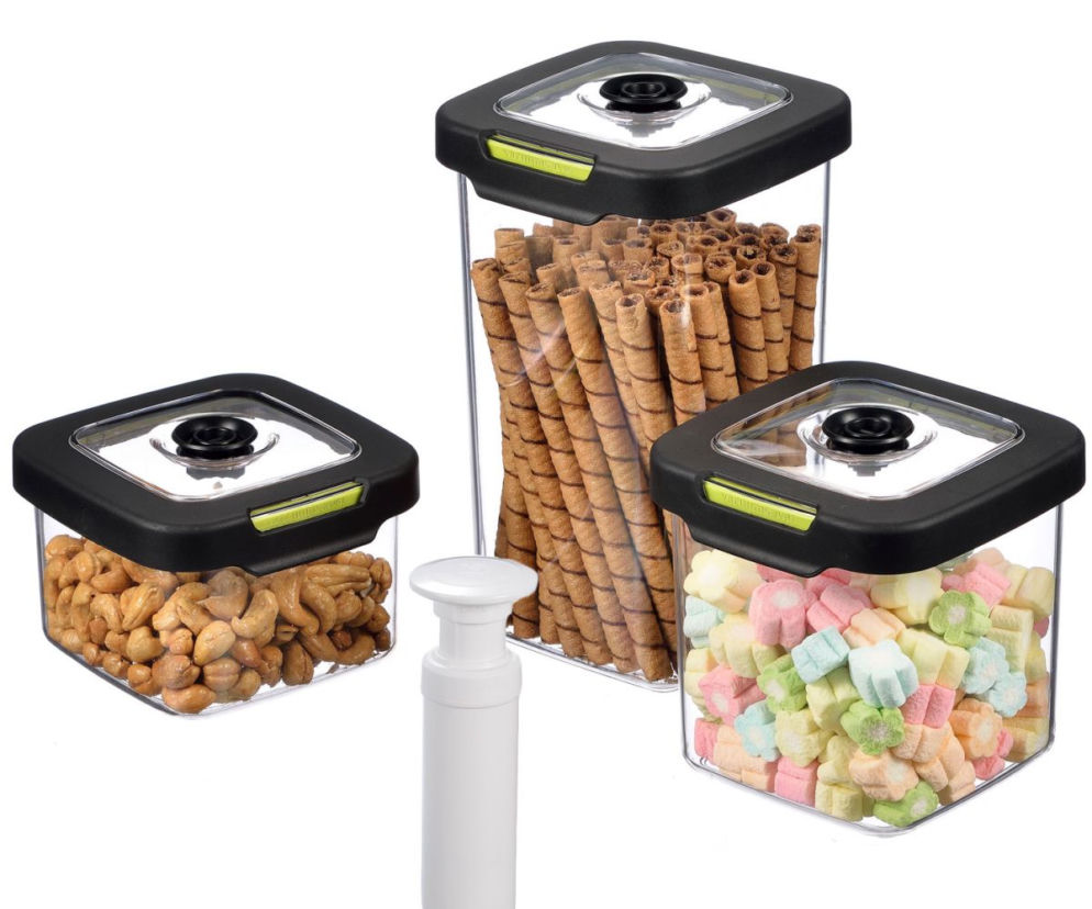 Vacus pojemniki Crystal Square- idealne  na sypkie produkty. W zestawie z pompką. Cena od 82,50 zł zestaw