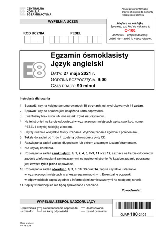 Egzamin ósmoklasisty 2021 angielski. Arkusze CKE, pytania, odpowiedzi, język angielski, języki obce [27.05.2021]