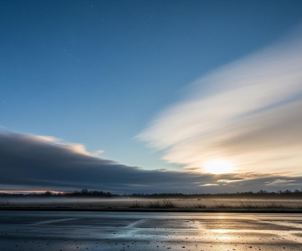 Na obrazie dominuje krajobraz oświetlony wschodzącym słońcem lub zachodzącym, z mokrą powierzchnią na pierwszym planie odbijającą jasne światło. Ciemne, wydłużone chmury rozciągają się po lewej stronie, natomiast po prawej widoczne są jaśniejsze, rozmyte chmury, przez które przebija intensywna, żółto-pomarańczowa poświata słoneczna. Horyzont wyznacza pas gęstego lasu, nad którym unosi się warstwa mgły, a nad nim rozpościera się błękitne niebo z widocznymi pojedynczymi gwiazdami. Droga lub parking na dole zdjęcia jest pokryta kałużami, które lustrzanie odbijają światło słoneczne.