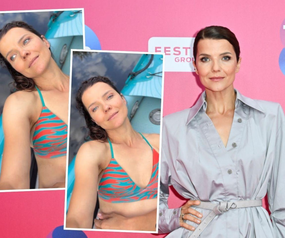 Joanna Jabłczyńska na ściance. Obok wstawki aktorki odpoczywającej na desce SUP. O jej wakacjach przeczytasz w Eska.