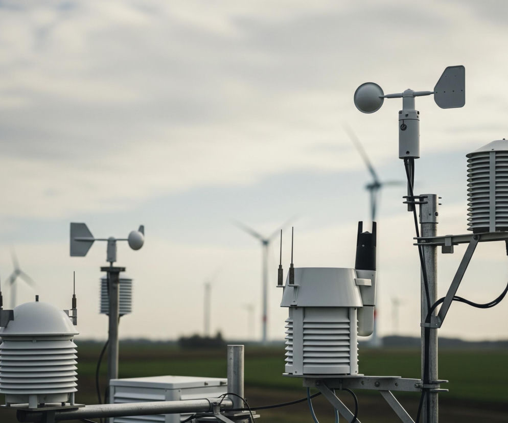 Na pierwszym planie znajdują się szare i białe urządzenia pomiarowe na metalowych słupach i rurach, z widocznymi antenami, czujnikami wiatru z łopatkami i miseczkami, oraz osłonami radiacyjnymi przypominającymi stosy talerzy. W tle, częściowo rozmyte, rozciąga się zielone pole uprawne, a na horyzoncie widać liczne turbiny wiatrowe, z których kilka ma wyraźne białe maszty i ciemne łopaty. Niebo jest pochmurne, z jasnymi i ciemniejszymi odcieniami szarości i błękitu, co nadaje obrazowi stonowany charakter.