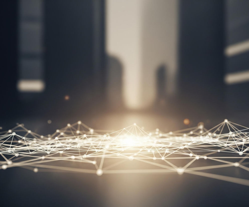 W centrum obrazu znajduje się rozświetlona sieć składająca się z połączonych ze sobą punktów i linii, przypominająca diagram lub połączenia neuronowe. Sieć emanuje jasnym, ciepłym światłem, które jest najjaśniejsze w centralnej części, rozprzestrzeniając się na boki. Punkty sieci są drobnymi, błyszczącymi sferami, a linie, które je łączą, są cienkie i białe. Tło jest rozmyte, ciemne i abstrakcyjne, z niewyraźnymi, pionowymi formami, które wyglądają jak odległe struktury lub budynki, oświetlone subtelnym, złotawym blaskiem. Całość kompozycji tworzy wrażenie głębi i dynamicznego połączenia.