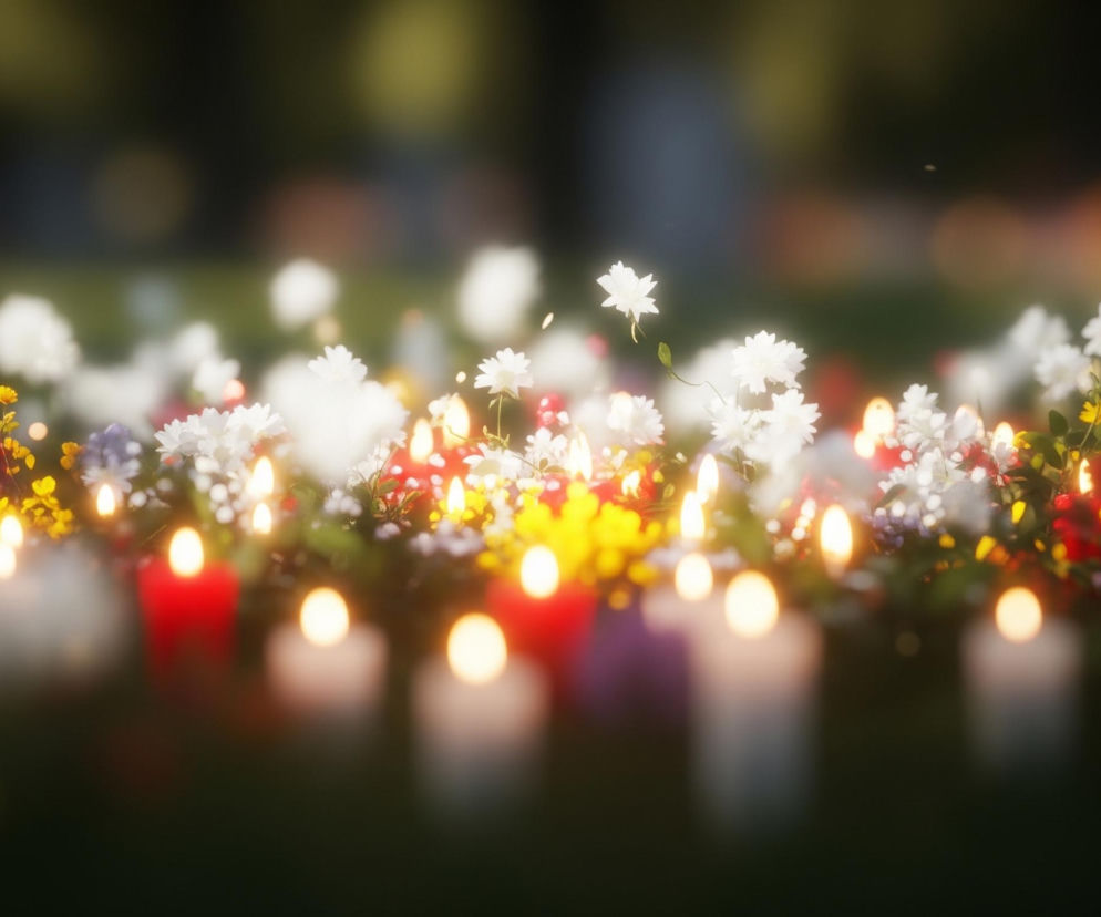 Na zielonym, rozmytym tle rozciąga się kompozycja złożona z wielu małych, płonących świec i różnokolorowych kwiatów. Białe świece są rozmieszczone nieregularnie na pierwszym planie, a ich płomienie tworzą jasne, rozmyte punkty światła, dominując dolną część kadru. Za nimi widać gęsty, kolorowy rząd kwiatów, głównie białych, żółtych i czerwonych, a także pojedyncze fioletowe akcenty. Niektóre płomienie świec są widoczne także pośród kwiatów, dodając ciepłego blasku.