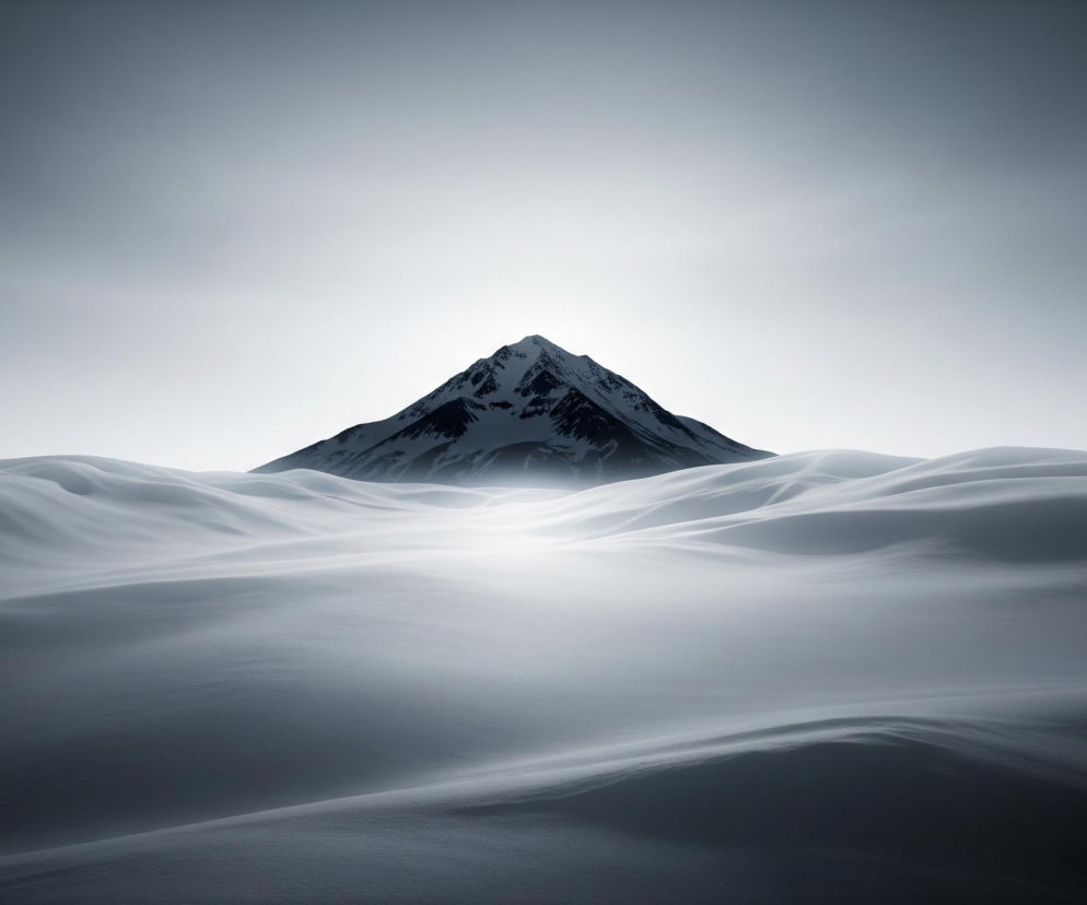 Centralnie, ponad falistym krajobrazem, wznosi się ośnieżony szczyt góry o ostrych kształtach, której ciemne partie kontrastują z białym śniegiem. Całość utrzymana jest w tonacji monochromatycznej, z przewagą szarości, bieli i granatu. Na pierwszym planie i po bokach rozciągają się łagodne, zaśnieżone pagórki, tworzące miękkie, pofalowane formy, oświetlone od góry i z centrum, co tworzy wyraźne cienie i subtelne gradienty. Jasne światło rozlewa się od horyzontu za górą, rozjaśniając niebo, które przechodzi od bieli na dole do ciemniejszej szarości u góry, tworząc eteryczną i spokojną atmosferę.