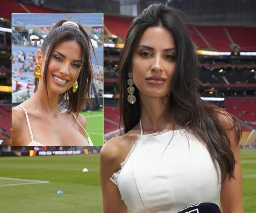 Eleonora Incardona, włoska dziennikarka sportowa, w białej sukience na tle stadionu piłkarskiego. Obok niej mniejsze zdjęcie, gdzie uśmiechnięta prezenterka ma związane włosy i złote kolczyki. Więcej o Eleonorze Incardonie przeczytasz na naszym portalu.