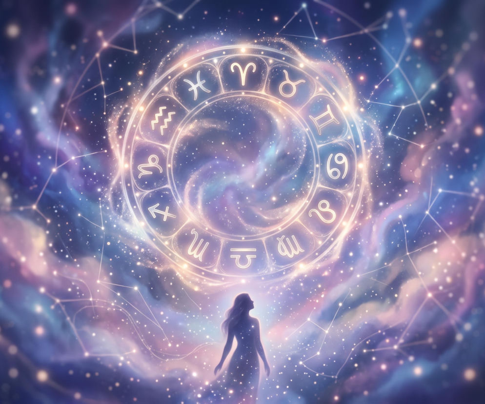 Sylwetka kobiety pod świecącym kołem zodiaku na tle kosmosu. O horoskopie na dziś przeczytasz w serwisie VOX FM.