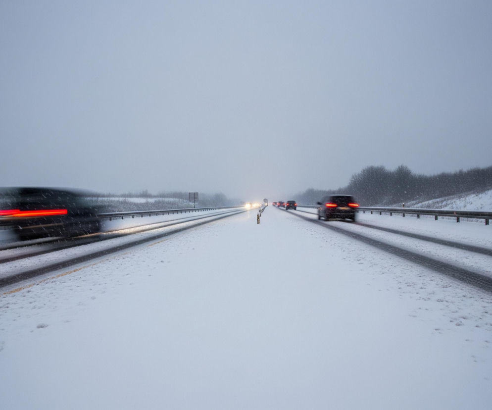Szeroka droga pokryta śniegiem rozciąga się w głąb obrazu pod szarym, zachmurzonym niebem. Na lewym pasie drogi ciemne auto z włączonymi czerwonymi światłami tylnymi porusza się szybko, tworząc smugę światła, podczas gdy na prawym pasie trzy inne samochody, również z czerwonymi światłami, są mniej rozmyte i oddalają się od obserwatora. Po obu stronach jezdni widoczne są metalowe barierki ochronne, za którymi rozciągają się pokryte śniegiem tereny z pojedynczymi krzewami i drzewami ogołoconymi z liści.