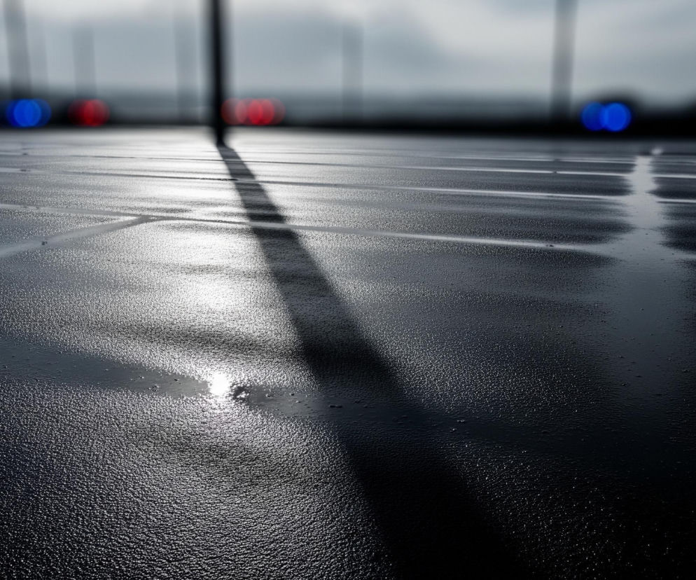 Mokry, czarny asfalt z widocznymi, rozproszonymi kropelkami wody odbija światło, tworząc lśniące punkty. Pośrodku kadru, na powierzchni asfaltu, rozciąga się ciemny cień o nieregularnym kształcie, a obok niego widoczne są jaśniejsze, błyszczące refleksy. W tle, rozmyte obiekty o podłużnym kształcie stoją na tle jasnoszarego nieba, a po prawej i lewej stronie dostrzegalne są dwa niebieskie i dwa czerwone rozmyte światła.