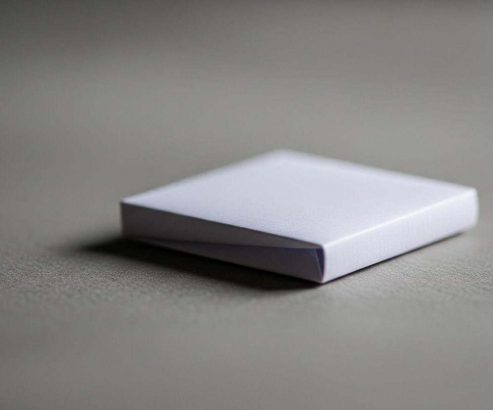 Na szarym, ziarnistym tle leży prostopadłościenna, biała karteczka lub małe opakowanie. Jej prawa strona jest nieznacznie uniesiona, tworząc niewielką szczelinę z powierzchnią. Lewa strona obiektu delikatnie zagina się ku dołowi. Światło pada z lewej strony, rzucając delikatny cień na powierzchnię pod przedmiotem.