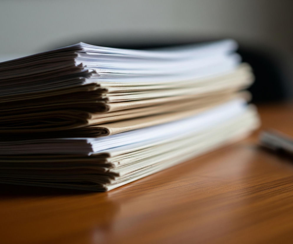 Duży stos papierów leży na drewnianym blacie, dominując lewą stronę kadru. Górna połowa stosu składa się z białych kartek, podczas gdy dolna połowa zawiera grubsze, beżowe dokumenty lub teczki. Po prawej stronie, nieco za stosem papierów, leży długopis z czarnym gumowym uchwytem i srebrną końcówką. Tło jest rozmyte, utrzymane w odcieniach szarości i brązu.