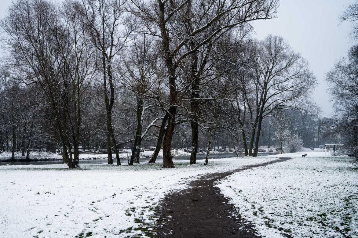 Skawiński park w zimowej otoczce
