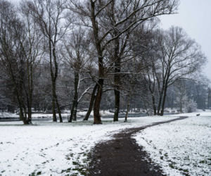 Skawiński park w zimowej otoczce