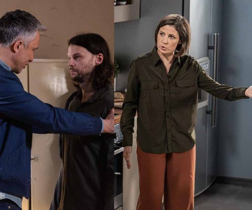 Kinga (Aleksandra Zienkiewicz) z serialu Pierwsza miłość rozmawia w kuchni, gestykulując ręką, podczas gdy w tle Janek (Maciej Mikołajczyk) obejmuje Pawła (Mateusz Kościukiewicz). Zdjęcie przedstawia dylemat Kingi związany z ratowaniem Pawła, o czym więcej przeczytasz na Super Seriale.