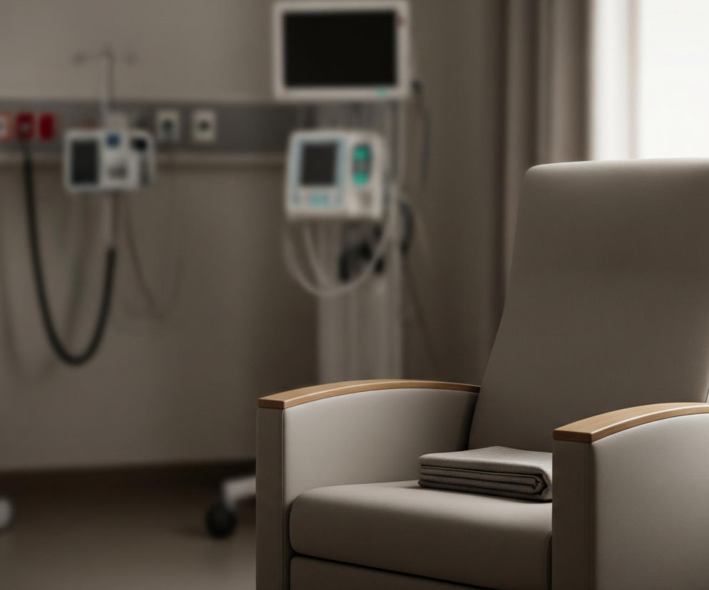 Na pierwszym planie, po prawej stronie kadru, znajduje się beżowy fotel z drewnianymi podłokietnikami, na którym leży złożony koc w podobnym odcieniu. W tle, po lewej stronie, widoczne jest metalowe łóżko szpitalne na kółkach. Dalej, na ścianie, umieszczony jest panel z gniazdkami elektrycznymi oraz czerwonymi przyciskami alarmowymi, a obok niego stoją dwa urządzenia medyczne z ekranami. Prawa strona tła rozjaśniona jest przez światło wpadające z zewnątrz przez duże okno z beżową zasłoną.