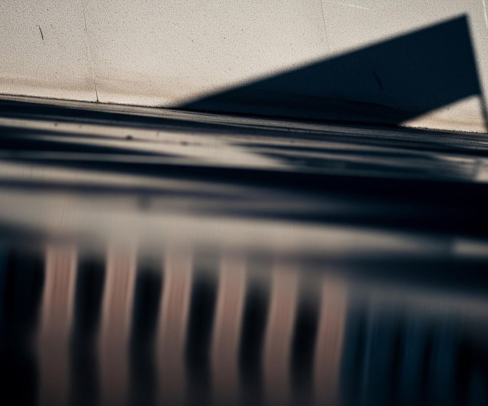 Na obrazie dominują proste, geometryczne kształty i wyraźne cienie. Górna część przedstawia jasną, lekko zanieczyszczoną powierzchnię o ziarnistej teksturze, na której widać ciemny, trójkątny cień. Powierzchnia ta spotyka się z ciemniejszą, poziomą linią, która biegnie przez środek kadru. Poniżej tej linii rozciąga się ciemna, rozmyta powierzchnia z powtarzającymi się, pionowymi smugami światła i cienia, tworzącymi rytmiczny wzór, przypominający odbicie lub rozmazane elementy kraty. Całość utrzymana jest w chłodnej palecie barw, głównie w odcieniach szarości, beżu i granatu.