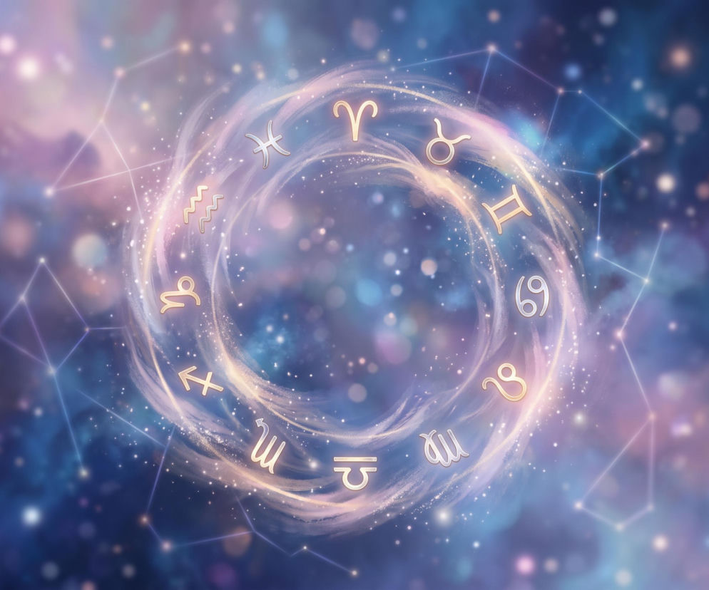 Złote symbole zodiaku ułożone w kręgu na tle kosmicznej mgławicy. O horoskopie dziennym przeczytasz na VOX FM.