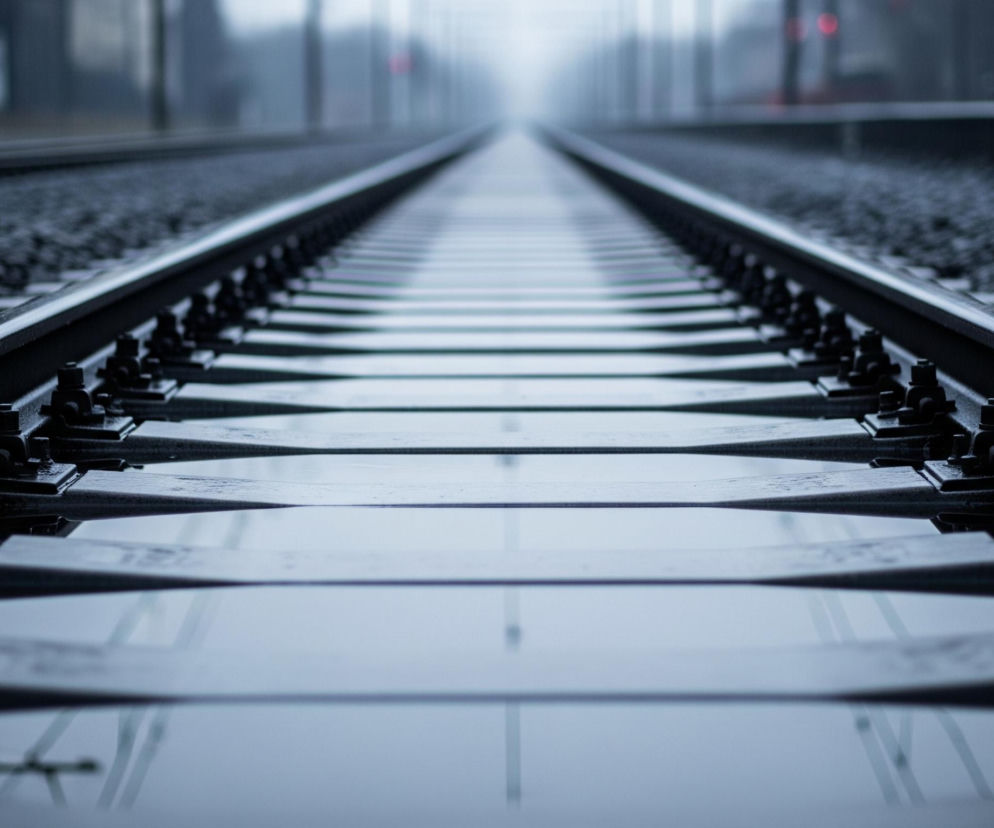 Centralny punkt obrazu to podwójna linia torów kolejowych rozciągająca się w dal, tworząc symetryczną perspektywę. Tory, utrzymane w ciemnych, grafitowych barwach, są osadzone na drewnianych podkładach, z których pierwsze znajdują się pod wodą, odbijając otoczenie. Żwir pomiędzy podkładami jest czarny i szczegółowo widoczny w przedniej części kadru. W oddali, tory zlewają się z mglistym, jasnym tłem, gdzie dostrzegalne są niewyraźne, czerwone światła sygnalizacji kolejowej oraz zarysy budynków.