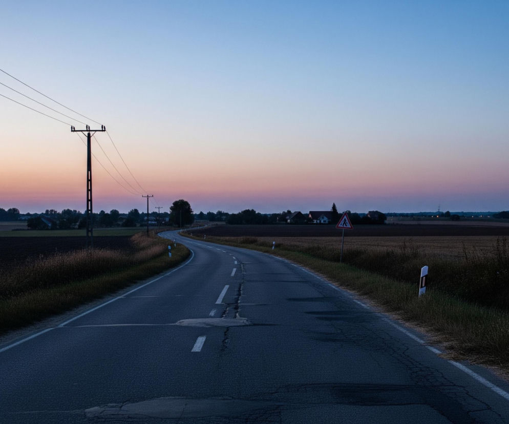 Wije się asfaltowa droga, zajmując centralną część kadru i oddalając się w głąb obrazu. Jej powierzchnia jest szara, z widocznymi licznymi spękaniami i łatami, a przerywane białe linie wyznaczają pasy ruchu. Po obu stronach drogi rozciągają się pola i łąki, widoczne są również słupy energetyczne z poprowadzonymi przewodami. Horyzont dominuje gradientowe niebo, przechodzące od pomarańczowego i różowego odcienia po lewej stronie do błękitu po prawej. W oddali, po obu stronach drogi, widać zabudowania wiejskie z ciemnymi sylwetkami drzew.