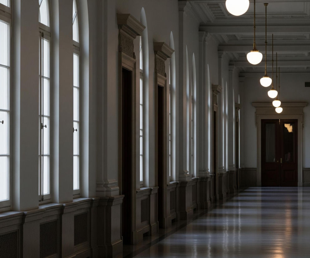 Długi korytarz z białymi ścianami biegnie w głąb obrazu, z lewej strony znajduje się rząd wysokich okien z białymi ramami, przez które wpada dzienne światło. Po prawej stronie rozmieszczone są liczne wejścia do pomieszczeń lub wnęki o ozdobnych portalach, pomiędzy którymi stoją ciemne drewniane szafki. Sufit jest kasetonowy, a pośrodku korytarza w linii prostej zawieszono kilka lamp z kulistymi, świecącymi kloszami, których światło odbija się od błyszczącej, jasnej podłogi.