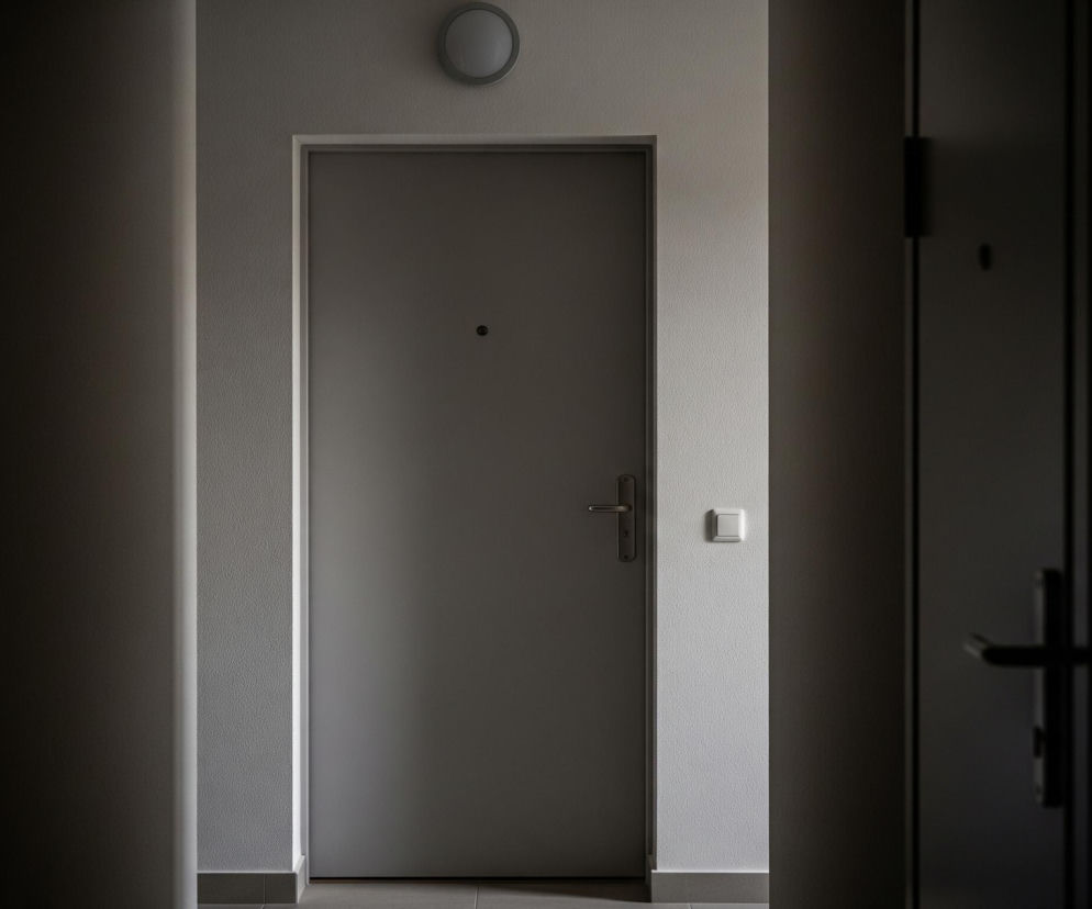 Długi, wąski korytarz prowadzi do szarych drzwi, które zajmują centralną część kadru. Nad drzwiami, na ścianie w jaśniejszym odcieniu szarości, wisi okrągła, szara oprawa oświetleniowa. Po lewej stronie drzwi widoczny jest pionowy filar, częściowo zanurzony w półcieniu, a po prawej stronie drzwi, na ścianie w tym samym jasnym szarym odcieniu, umieszczony jest kwadratowy, biały włącznik światła. Dolna część ścian wyłożona jest ciemniejszymi panelami, a podłoga wykonana jest z szarych płytek.