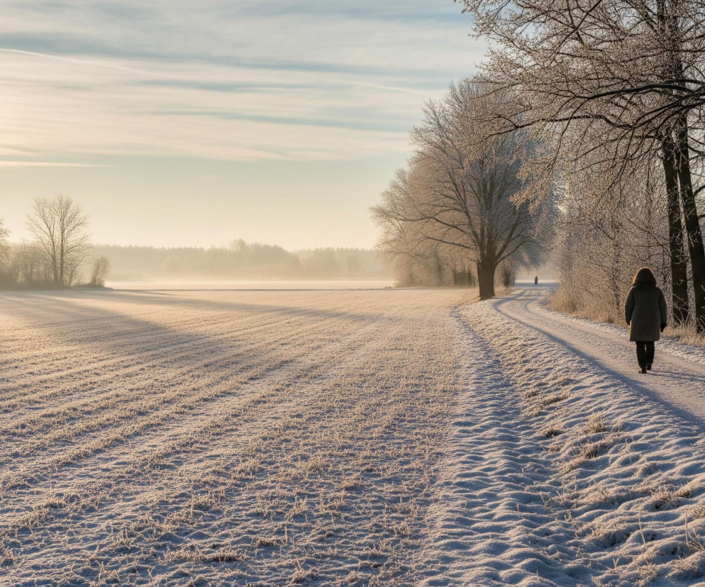 Po prawej stronie obrazu idzie osoba w ciemnej kurtce i spodniach, poruszając się po zaśnieżonej, polnej drodze. Droga biegnie w głąb obrazu, zakręcając w prawo, a jej prawy brzeg jest obsadzony szeregiem drzew pokrytych szronem, z ciemnymi pniami. Po lewej stronie drogi rozciąga się szerokie, pokryte szronem pole, na którym widać cienie padające od drzew, ułożone w równoległe, skośne pasy. W tle, po lewej stronie horyzontu, widoczne jest nisko świecące słońce, a niebo stopniowo przechodzi od jasnego błękitu na górze do mglistej żółci i bieli bliżej słońca.