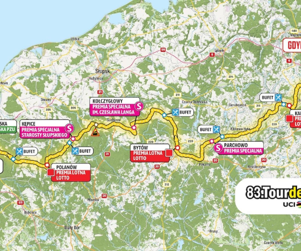 Mapa 1. etapu Tour de Pologne z Gdyni do Koszalina z trasą i premiami. O wyścigu przeczytasz na SE Supersport.