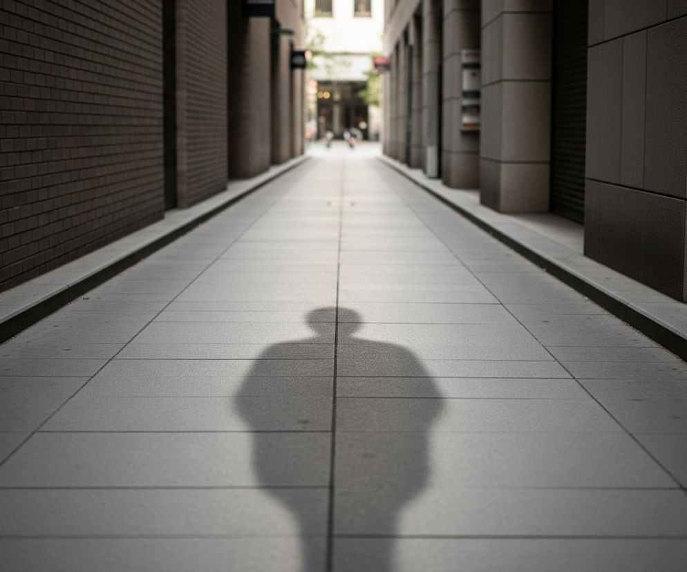 Ciemny cień postaci człowieka rzuca się na jasne, szare, wybrukowane płytami chodnik, biegnący centralnie w kierunku odległego, rozmytego końca ulicy. Po lewej stronie dominuje ściana z ciemnych, prostokątnych cegieł, a po prawej wznoszą się ciemne, pionowe filary o kanciastych krawędziach. Chodnik jest wyraźnie podzielony na prostokątne segmenty czarnymi liniami fug, które tworzą głębię perspektywy.