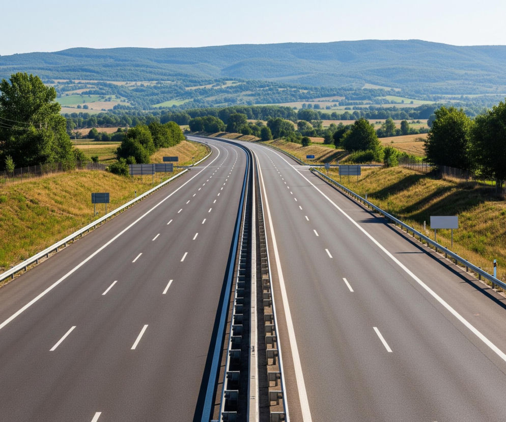Droga szybkiego ruchu o czterech pasach, po dwa w każdym kierunku, ciągnie się w głąb obrazu, delikatnie zakręcając w prawo i ginąc w oddali. Asfalt jest ciemnoszary z białymi liniami przerywanymi, oddzielającymi pasy ruchu, oraz ciągłymi liniami na krawędziach i między kierunkami. Po obu stronach drogi rozciągają się zielone wzgórza pokryte trawą i licznymi drzewami, a w tle widać pasma niebieskawych gór pod jasnym niebem. Wzdłuż całej drogi widoczne są metalowe bariery ochronne, a także kilka pustych tablic informacyjnych.