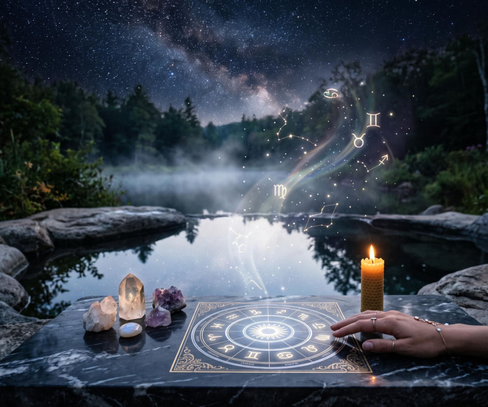 Ręka osoby na kole zodiaku obok kryształów i świecy. O horoskopie na 10 lipca przeczytasz na SE.