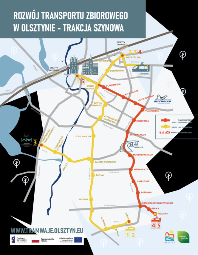 Mapa olsztyńskiej trakcji tramwajowej