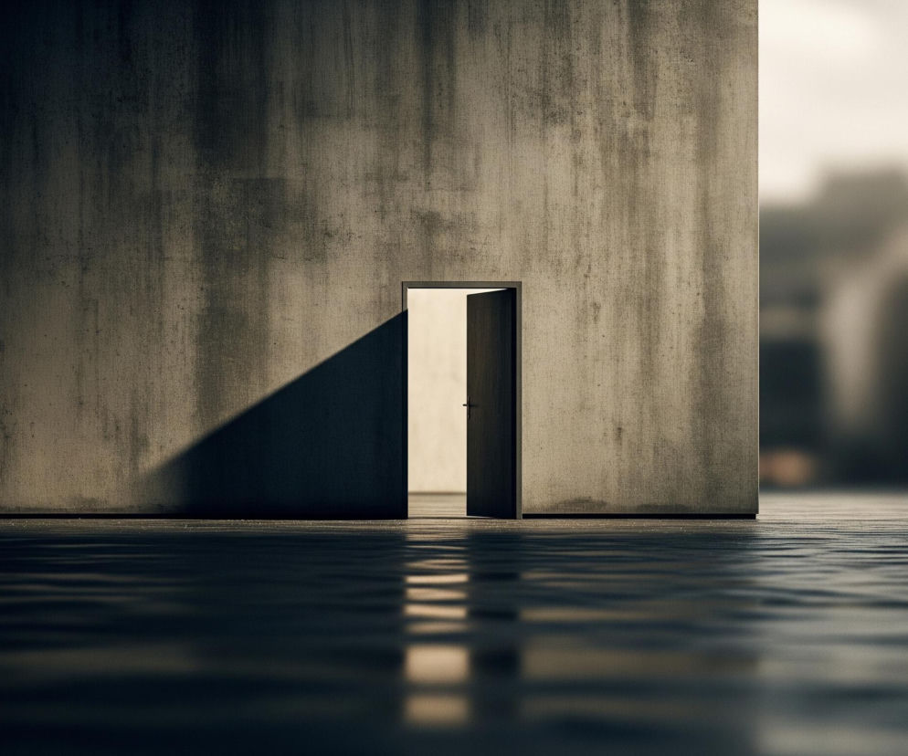 Gruby, szary mur z widoczną teksturą i drobnymi, ciemniejszymi plamami, rozciąga się przez centralną część obrazu. W jego dolnej części, nieznacznie po prawej stronie od środka, znajduje się wąskie, lekko uchylone ciemne drzwi, przez które widać jasne światło. Od lewej strony drzwi pada na mur duży, ciemny cień w kształcie trójkąta. Przed murem rozciąga się ciemna, błyszcząca powierzchnia przypominająca wodę lub mokry asfalt, z licznymi poziomymi falami i odbiciami światła oraz cieni od mury i drzwi. Tło jest jasne i rozmyte, z niewyraźnymi zarysami budynków.