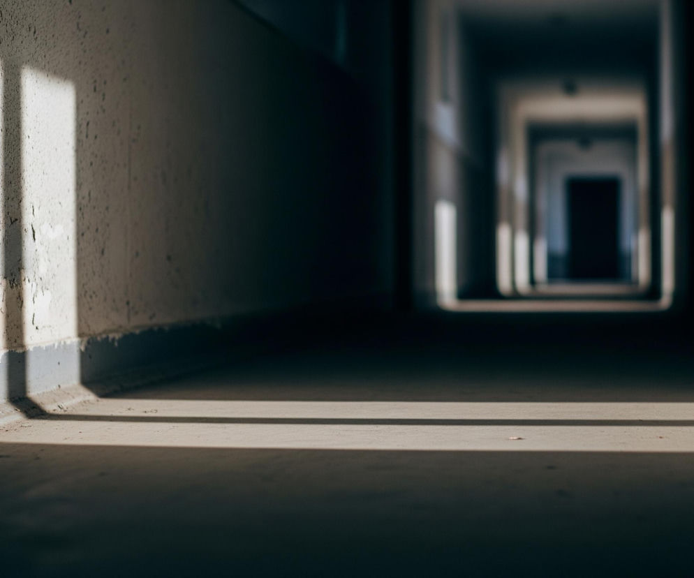 Długi, ciemny korytarz rozciąga się w głąb obrazu, zlewając się z głębokim cieniem. Jasne prostokątne plamy światła padają na szarobeżowe, lekko zabrudzone ściany i posadzkę, tworząc wyraźne cienie. Podłoga w oddali jest ciemniejsza, a na jej końcu widać czarny, prostokątny otwór drzwi.