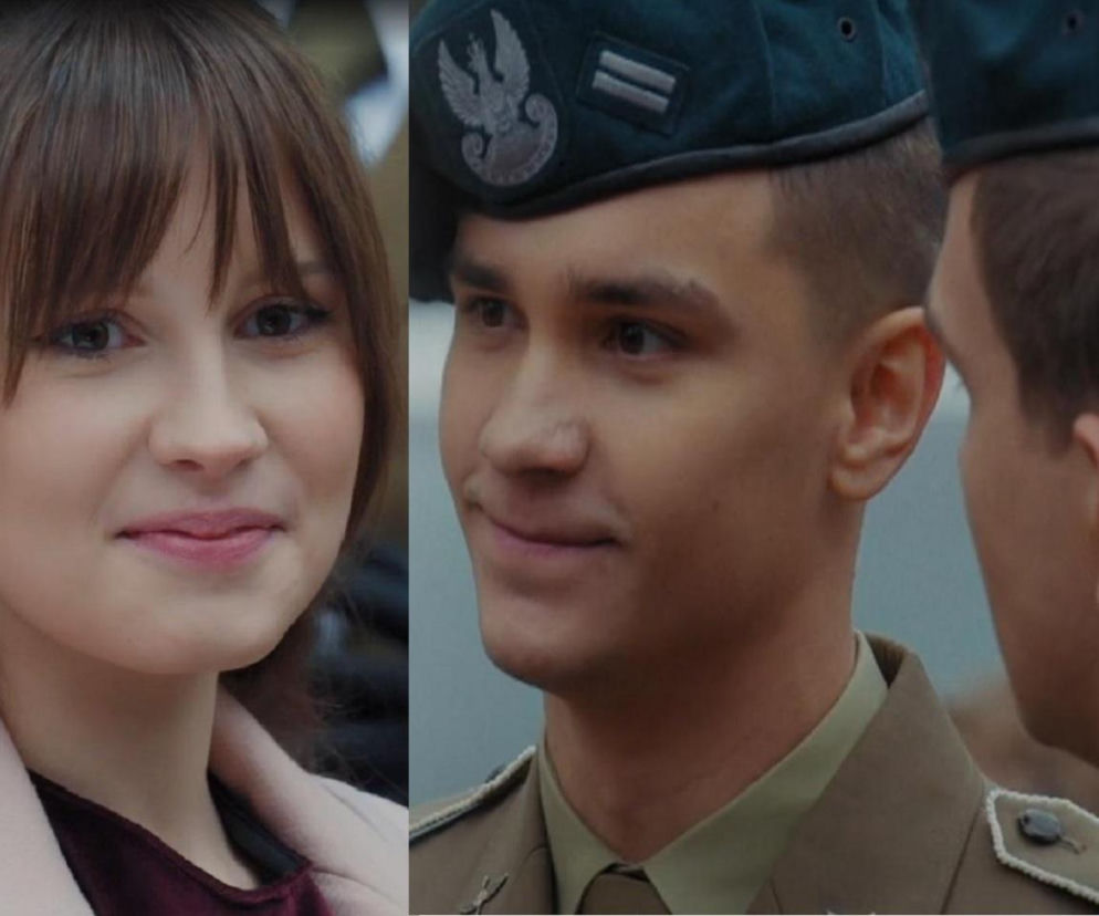 Zbliżenie na uśmiechniętą Bognę (Sherazade Wolff) w różowym płaszczu i Mateusza (Rafał Kowalski) w wojskowym mundurze, z beretem na głowie, patrzącego w bok z lekkim uśmiechem. Zdjęcie ilustruje odcinek M jak miłość, w którym Janek próbuje ich swatać, a więcej na ten temat przeczytasz na portalu Super Seriale.