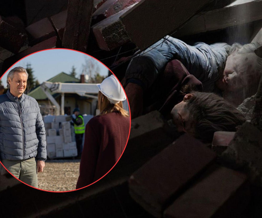 Kadry z serialu Pierwsza miłość: w kole zbliżenia mężczyzna w niebieskiej kurtce i kobieta w kasku na placu budowy, obok dramatyczna scena osób zasypanych gruzem, co odzwierciedla napięcie odcinka 4204. Więcej o losach bohaterów przeczytasz na Super Seriale.