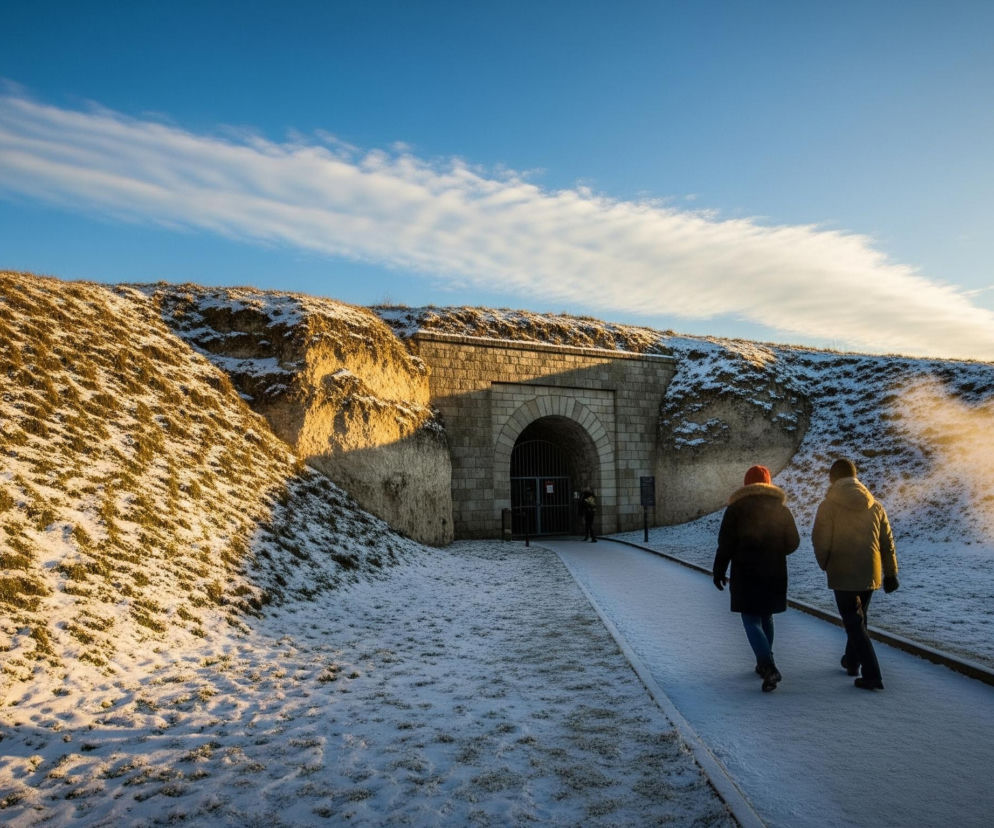 Dwie osoby idą brukowaną ścieżką pokrytą cienką warstwą śniegu, prowadzącą do kamiennego wejścia w murze otoczonym zaśnieżonymi zboczami. Lewa osoba ma na sobie czarną kurtkę z futrzanym kołnierzem i czerwoną czapkę, natomiast prawa ubrana jest w jasnobrązową kurtkę z kapturem. Całe otoczenie pokrywa brązowa trawa z płatami śniegu, a na niebie widoczne są rozciągnięte chmury.