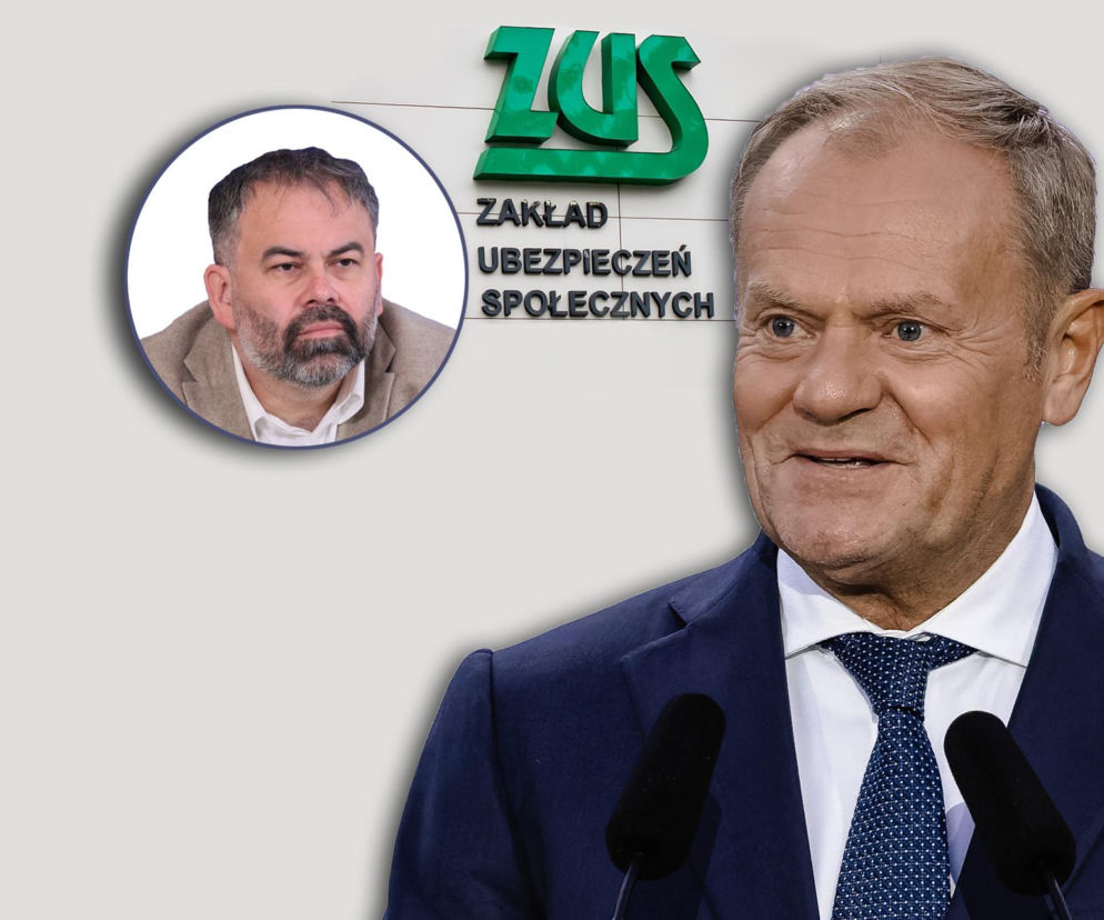 Premier Donald Tusk na tle logo ZUS. Obok na miniaturze nowy prezes Liwiusz Laska. O zmianach przeczytasz na SE Superbiz.