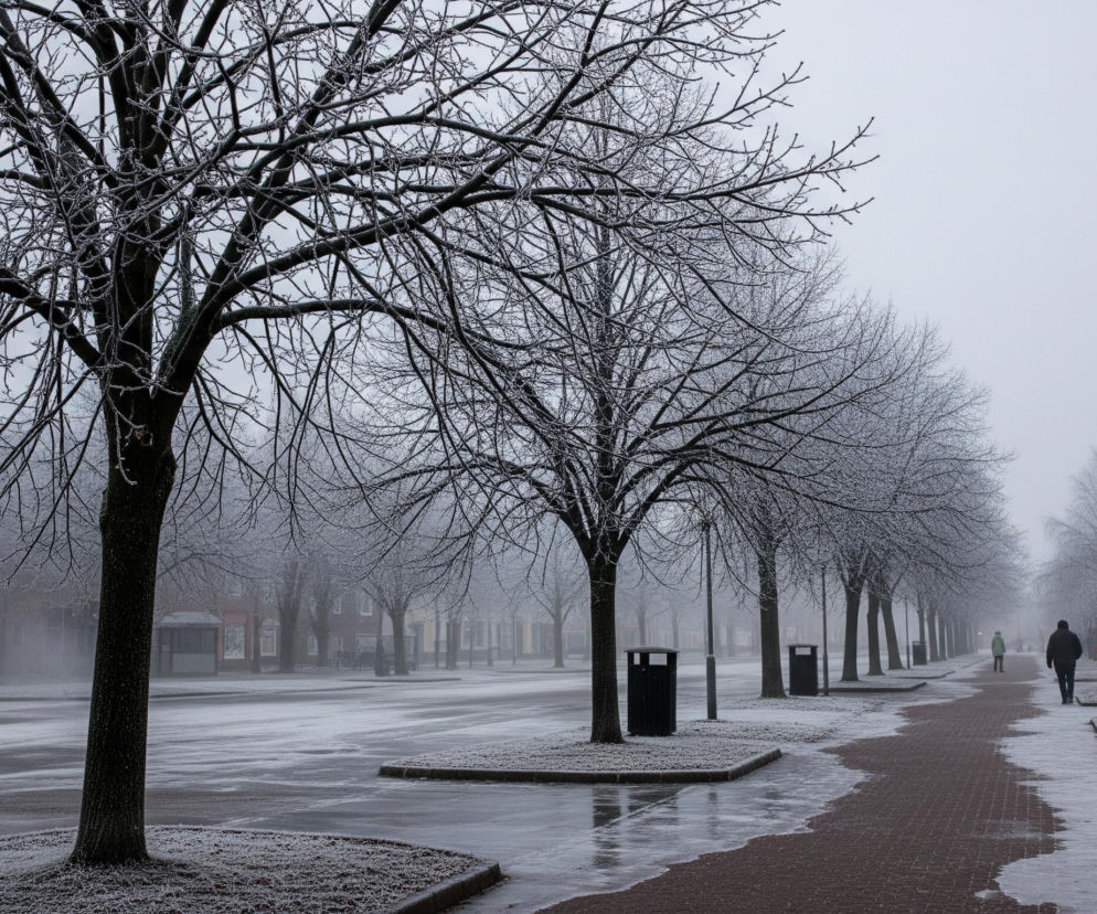 Zimowy krajobraz przedstawia ulicę z aleją drzew pokrytych szadzią. Po lewej stronie dominuje szerokie drzewo z gęstymi, bezlistnymi gałęziami, z których każda cienka gałązka lśni bielą. Po prawej stronie biegnie chodnik z czerwonej kostki brukowej, częściowo pokryty śniegiem i lodem, wzdłuż którego maszeruje kilka osób. Droga po lewej jest oblodzona, a w tle widać zamglone budynki. Cała scena spowita jest w szarym, mglistym świetle, które nadaje jej mroczny, eteryczny charakter.